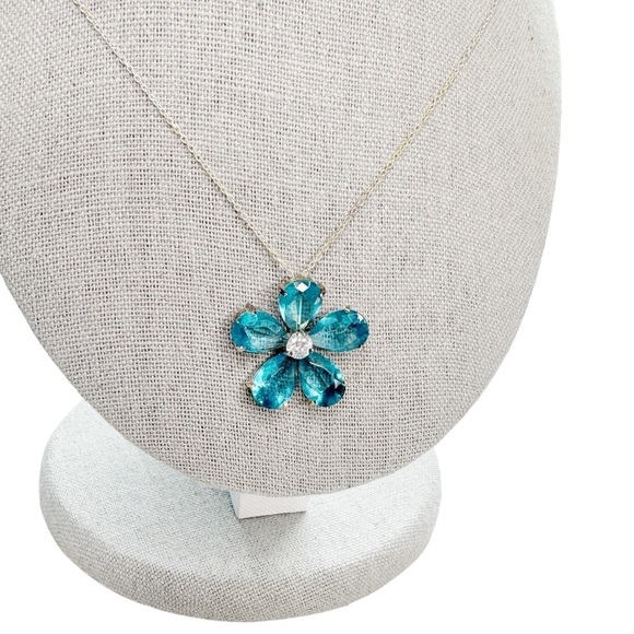 Italy 925 Sterling Silver Blue Topaz CZ Plumeria Flower Necklace 18” - Picture 8 of 8